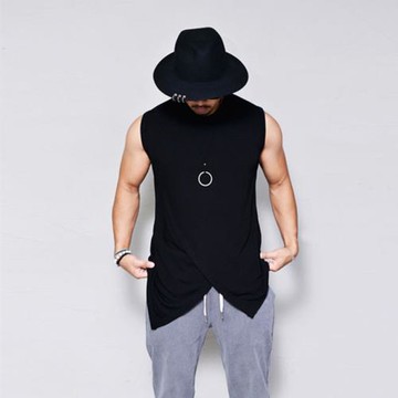 春夏新款歐美高街背心潮男無袖T恤不規則純色休閑時尚假2件打底衫