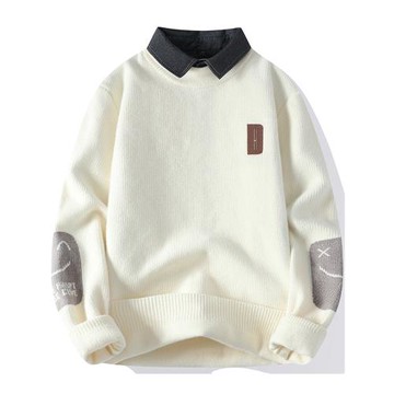 襯衫領毛衣男秋冬款加絨加厚假兩件針織衫男寬松休閑內搭毛線衣服