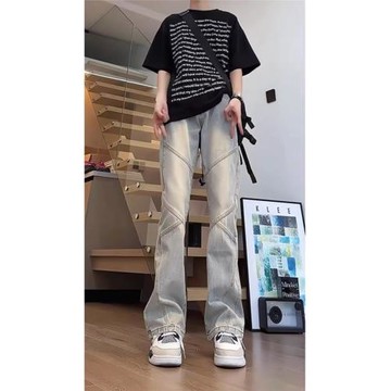 美式復古牛仔褲男秋季新款拼接設計感褲子高街vibe顯瘦直筒微喇褲