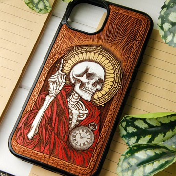 時間之死 - 手機殼木質雷射雕刻+手繪