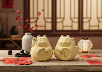 胖胖招財招福貓一對(中) 招財黃