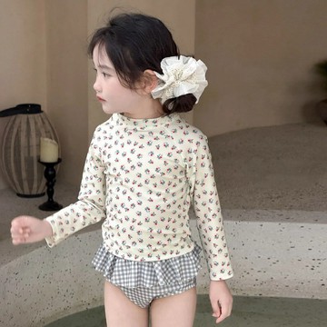 【碎花奶油風】女童泳衣兒童分體泳衣奶油風女孩游泳衣長袖防曬速乾泳衣度假泳裝 兒童泳裝 泳衣 女童泳衣 速乾防曬