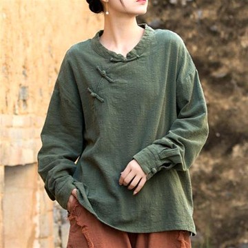 【米蘭精品】現貨+預購 新中式罩衫棉麻襯衫手工亞麻上衣夏季女裝大尺碼-長袖斜襟盤扣女上衣3色74lw84