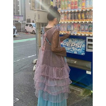 日系疊穿罩裙層次荷葉邊歐根紗波點刺繡粉色古早日雜感紗裙連衣裙