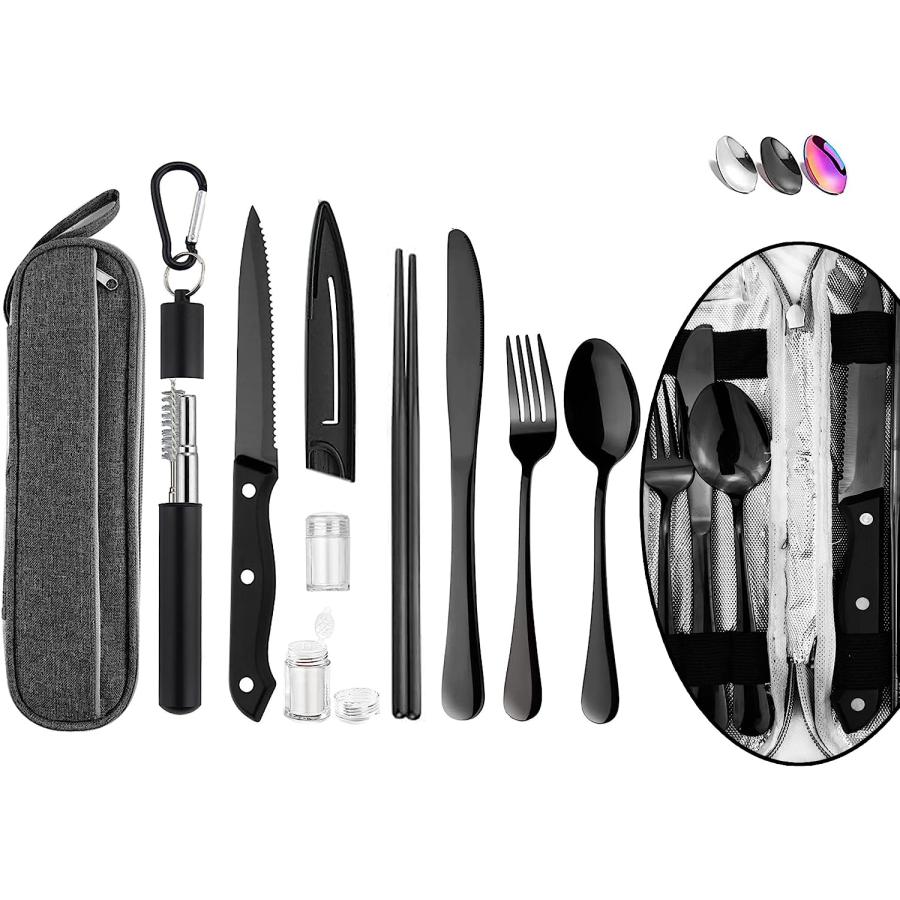 Portable Travel Reusable Utensils Silverware with Case Travel Camping Cutlery set Chopsticks and Straw Flatware  Stainless steel Travel Utensil set