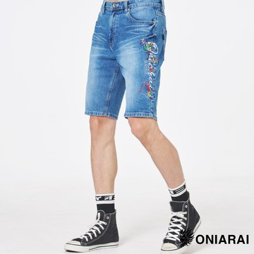 【雙12壓軸↘滿額再折㊙】和藝術日式元素精繡丹寧短褲(中藍) - BLUE WAY 鬼洗い