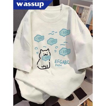 WASSUP 純棉美式涂鴉貓咪印花短袖t恤男女生夏季寬松休閑百搭上衣