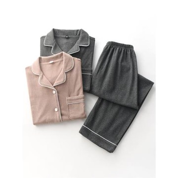 大碼無印風人字紋睡衣男女秋冬季加厚保暖德絨長袖情侶家居服套裝