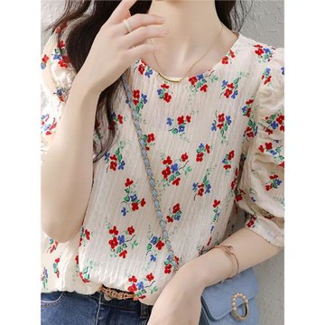 碎花襯衫優雅氣質五分袖上衣文藝