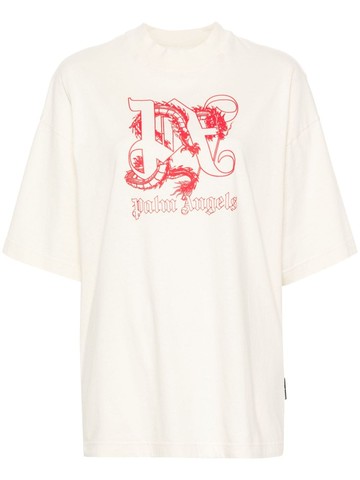 Palm Angels - dragon-monogram cotton T-shirt - women - Cotton - XXS - Neutrals