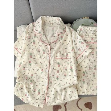 睡衣女款2026新款夏高級感短袖長褲可外穿家居服兩件套開衫學生