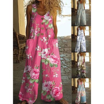 2025外貿跨境新款女裝 休閑無袖寬松口袋背帶褲女士長款連體褲