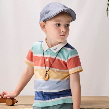 PIPPY 寬版條紋翻領短袖上衣 藍綠-090