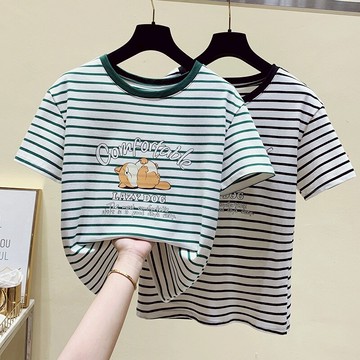 新款條紋短袖t恤女夏印花半袖體恤韓版百搭上衣打底衫