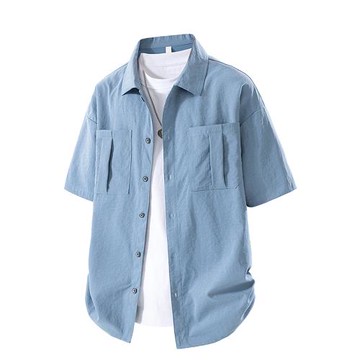 冰絲短袖襯衫男士夏季休閑工裝有領外套加肥加大碼男裝半袖襯衣潮