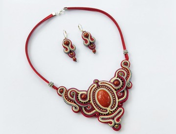 紅色碧玉項鍊珠寶套組，Soutache 項鍊與耳環