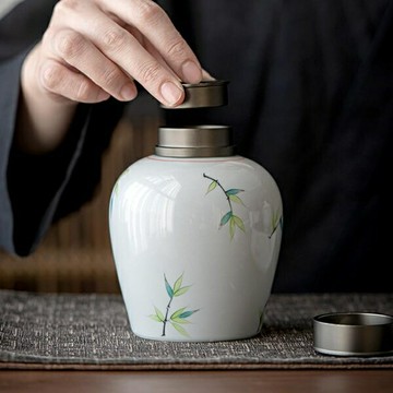 手繪茶葉罐密封罐中號陶瓷復古茶罐便攜存茶罐錫蓋雙層茶倉【聚寶屋】