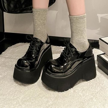 歐洲站厚底松糕小皮鞋女真皮2024年新款春季超高跟防水臺坡跟單鞋