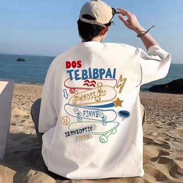 韓版男裝短袖T恤 oversize 短版T恤 男生上衣 短板 寬鬆上衣 時尚百搭 滑板塗鴉印花圓領 美式高街男孩純棉短袖