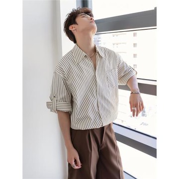 CHICERRO西西里男裝百搭條紋翻領短袖襯衫男斜門襟日系簡約寬松潮
