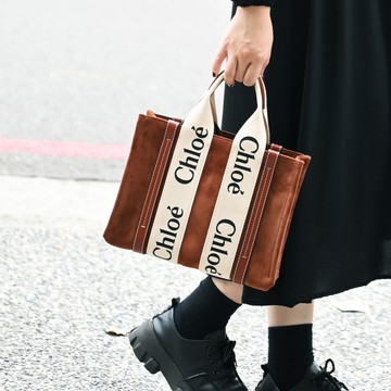 CHLOE Woody 經典織帶麂皮拼接兩用手提斜背包.紅棕 小