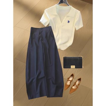 小個子夏季穿搭一整套高級感減齡白色冰絲t恤衫闊腿褲兩件套裝女