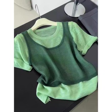 大碼胖mm韓系別致拼接假兩件短袖針織衫女夏季薄款高級感顯瘦上衣