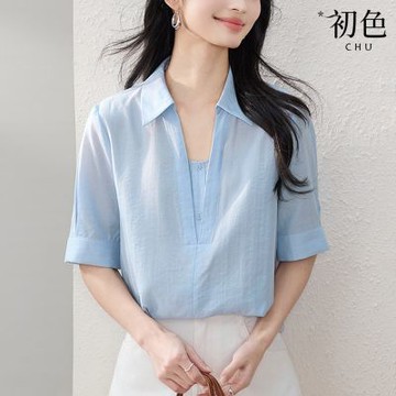 初色 法式假兩件拼接翻領V領五分袖輕薄襯衫寬鬆上衣女上衣-灰藍色-11545(M-2XL可選)