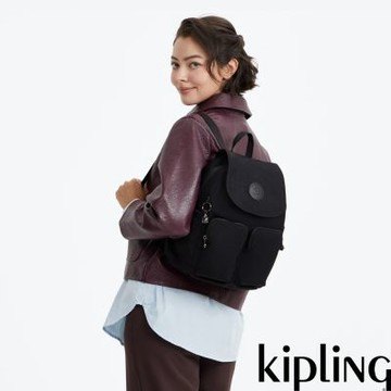 『猴子包』Kipling 碳黑掀蓋多袋收納後背包-CITY POCKET S