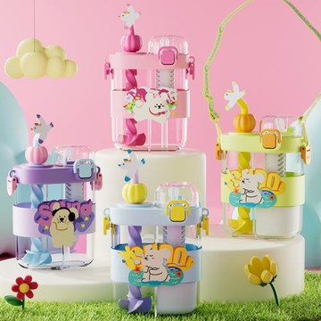 兒童吸管分倉雙飲杯攪拌水杯背帶斜跨杯子2025新款卡通水瓶帶蓋