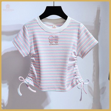 🌺女童上衣🌺女童短袖T恤夏季新款兒童短款上衣薄款洋氣中大童條紋半袖抽繩t恤 GP94
