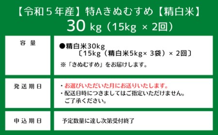 特Aきぬむすめ30kg定期便（15㎏×2回）岡山県総社市産〔令和6年8月・10月配送〕 23-025-010