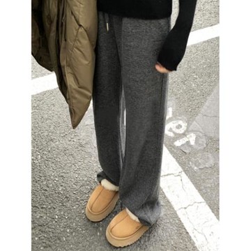 深灰色闊腿褲女冬季新款加絨加厚高腰垂感窄版休閑直筒羊毛呢褲子