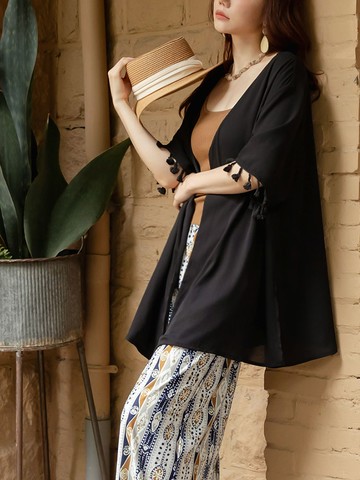 波西米亞流蘇下襬無領開襟罩衫外套