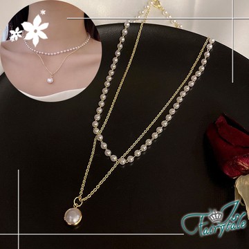 【伊飾童話】高雅珍珠＊鈦鋼優雅雙層短頸項鍊/金