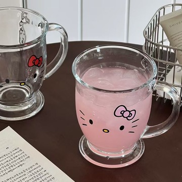 kitty玻璃水杯 卡通可愛kitty印花ins個性高顏值水杯早餐家用玻璃杯果汁牛奶杯子