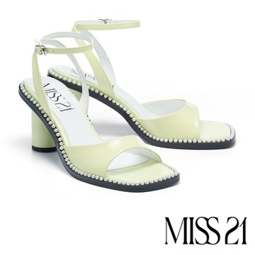 涼鞋 MISS 21 跩甜小氣質珍珠光感全真皮大方頭高跟涼鞋－黃