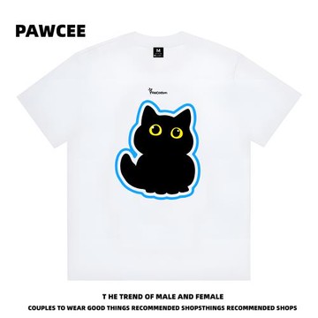 PAWCEE美式復古卡通呆萌小黑貓印花短袖T恤男女同款寬松百搭上衣