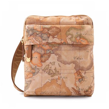 【Alviero Martini 義大利地圖包】PU尼龍拉鍊直立斜背包21.5cm-地圖黃