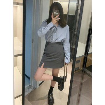 防走光西裝半身裙女灰色黑色ins博主高腰顯瘦小開叉a字包臀短裙褲
