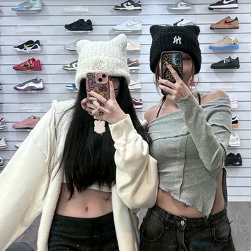 MLB 貓耳針織毛帽 白 Karina同款 3ABNB1156GP011-WH