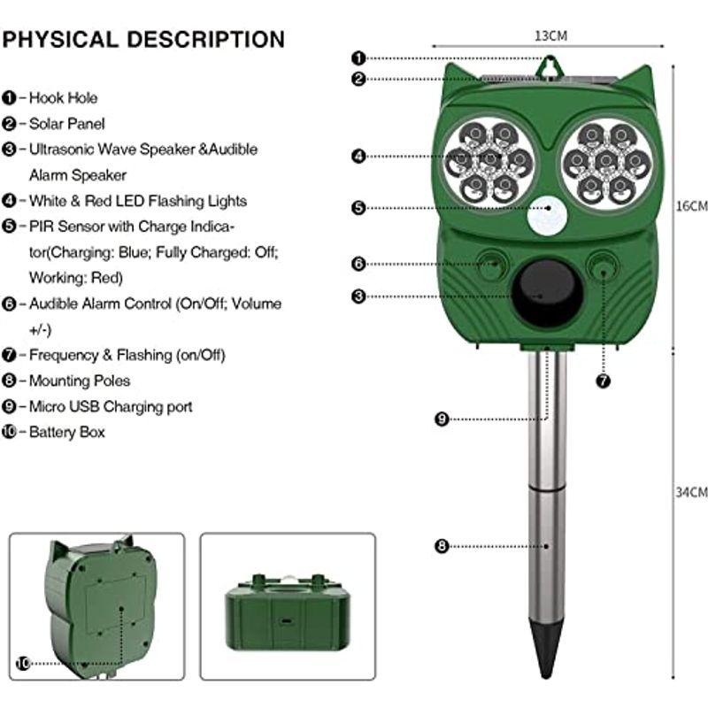 超音波動物抑止機 害虫除け フクロウ造形 5モード 高性能 ワイドカバー 、ソーラー式 防水 調整可能 太陽電池式 猫、鳥、タヌキ、犬、ネズ