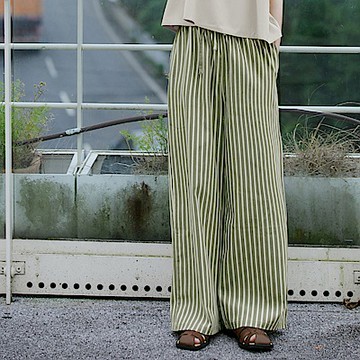 厚磅條紋側口袋彈力鬆緊腰抽繩綁帶寬褲-OB嚴選