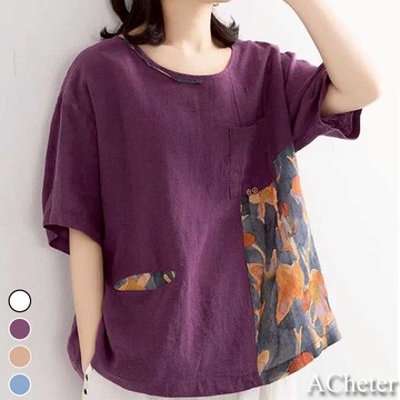 【ACheter】日本風大碼貼布拼接棉麻上衣# 112066(現貨+預購)