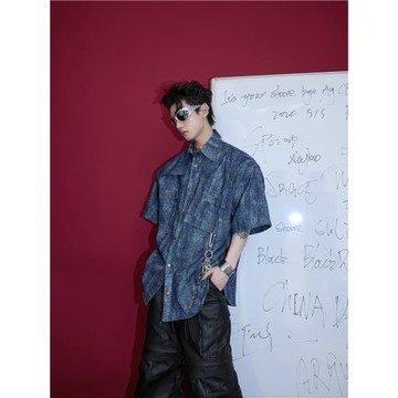 CulturE24夏解構做舊水洗扎染漸變polo復古個性摩登設計感短袖T恤