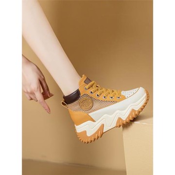 真皮女鞋2025新款夏秋老爹鞋百搭厚底內增高網面透氣高幫小白鞋子