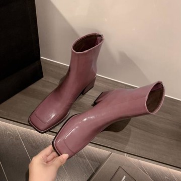 不多見的浪漫紫 ~！網紅復古簡約時裝靴女粗跟高跟瘦瘦靴方頭短靴
