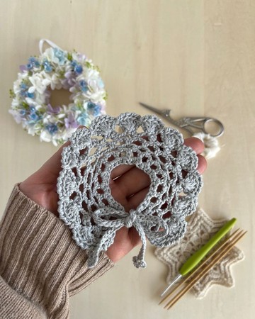 玩偶服飾 鉤針編織可拆式領圍 霧藍色