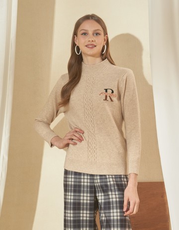 ★【喜芝梅】典雅字母 半高領字母刺繡保暖針織毛衣(四色；F) 225740003