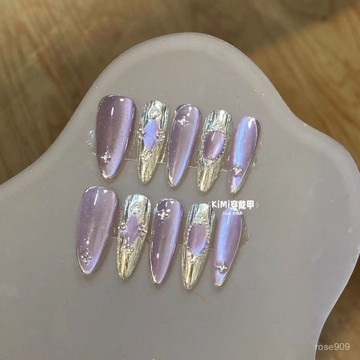 ✨Hannah✨純手工穿戴甲甜酷風紫羅蘭公主玻璃珠布契拉提美甲小紅書便宜爆款手工穿戴甲 1T8F